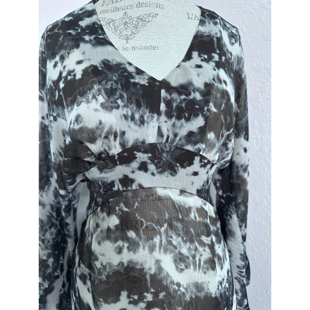 Alberto Makali Black White Tie Dye V-Neck Mini Dress Sheer Gathered Waist - Picture 5 of 9